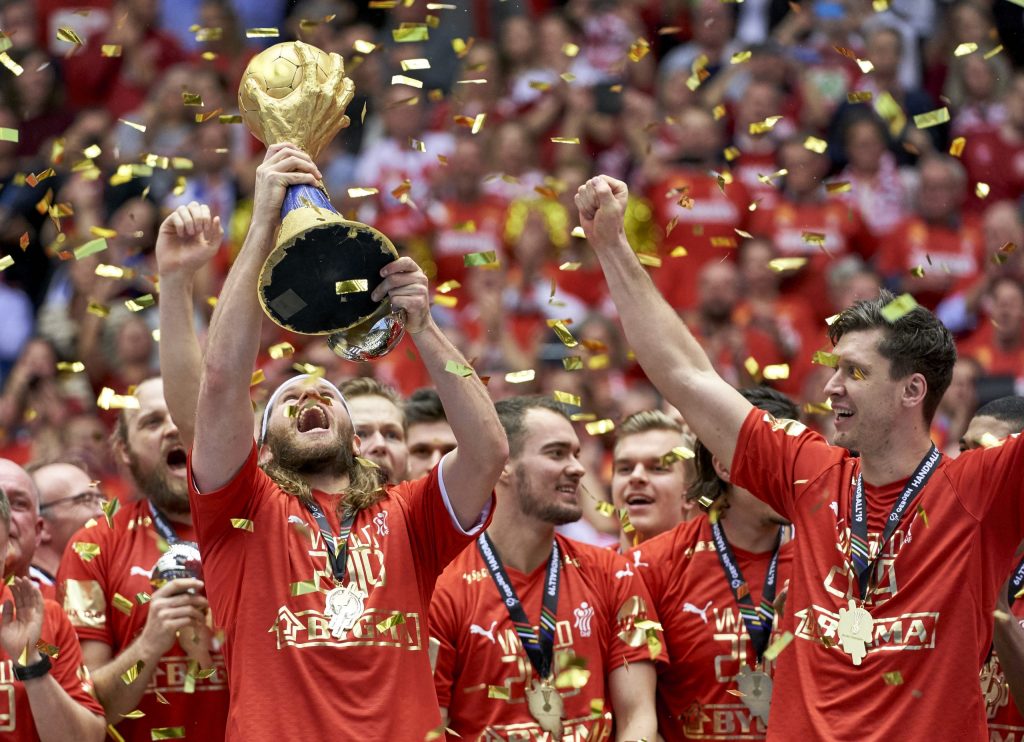 Mikkel Hansen (24) of Denmark with the trophy and gold medal after men`s IHF Handball World Championship Final between Denmark and Noway at the Jyske Bank Boxen arena in Herning Denmark on Sunday January 27 2019.